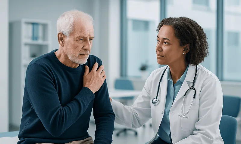 Doctor examines elderly man's shoulder for rotator cuff injury.