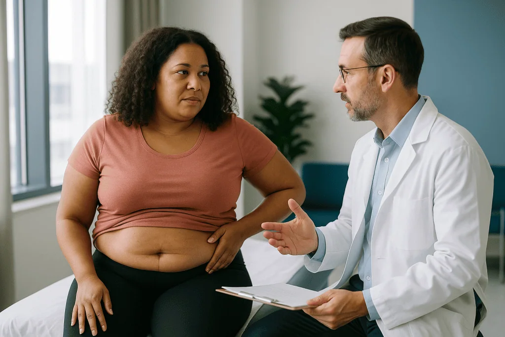 Doctor consulting patient about abdominal health concern: Does a tummy tuck with BBL belong in the same session?