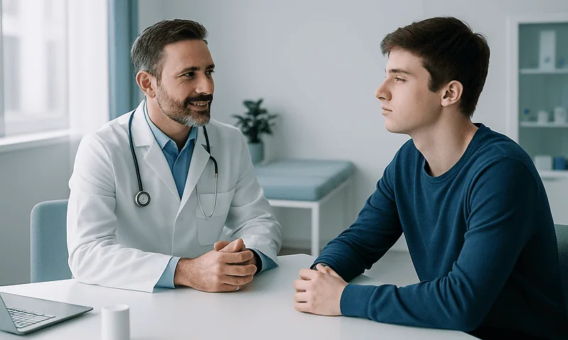 Doctor consulting with a young male patient in a medical office.