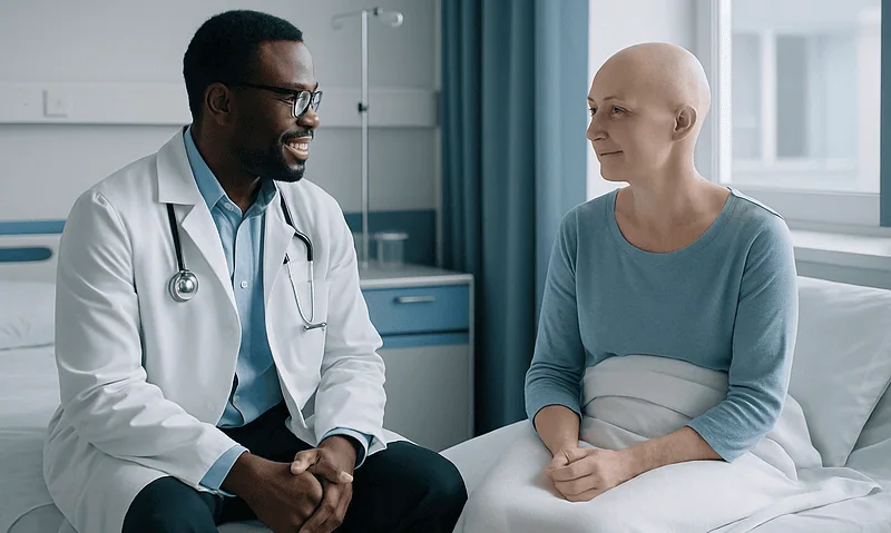 Doctor consulting with a patient in a hospital room.