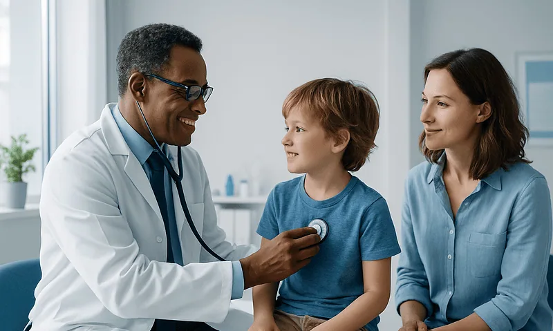 Pediatric doctor examining a young boy with a stethoscope in a clinic.
