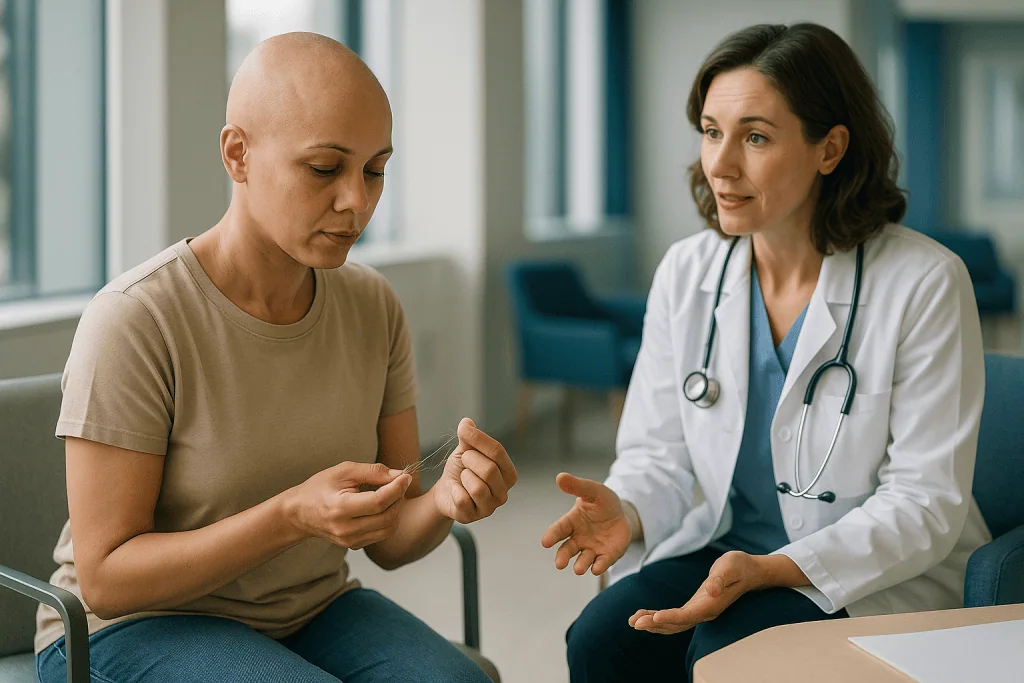 Doctor consulting with bald patient in clinical setting: Does alopecia areata grow back on its own?