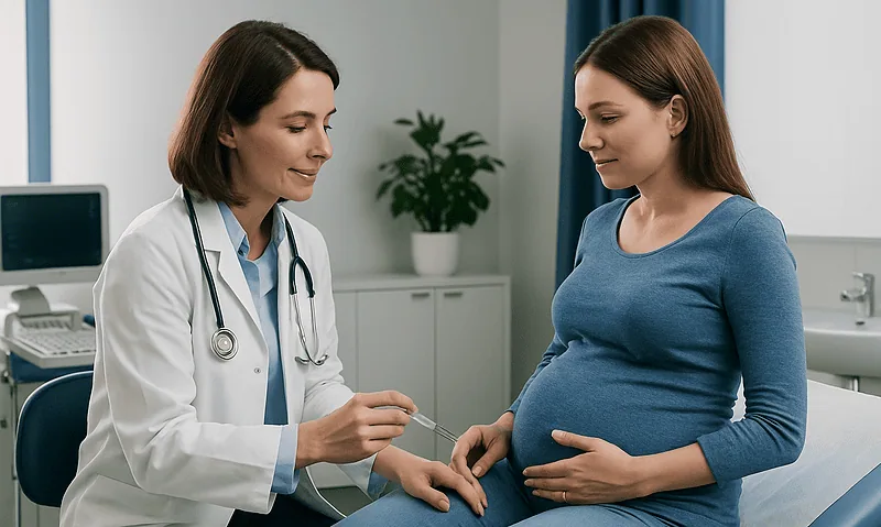 Pregnant woman at doctor consultation in hospital setting.