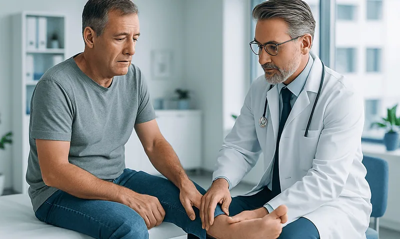 Doctor examining a patient's knee in a medical consultation room.