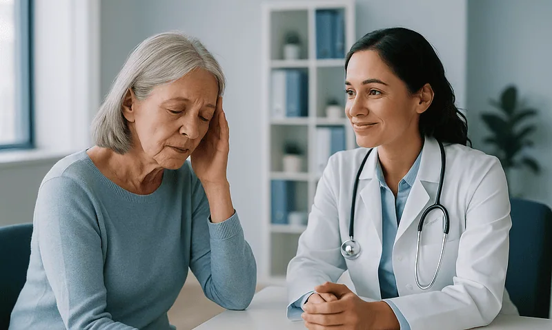 Doctor consulting with an elderly woman about arthritis symptoms and fatigue.