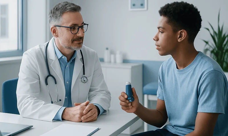 Doctor consulting with a young patient about asthma treatment in a clinic.