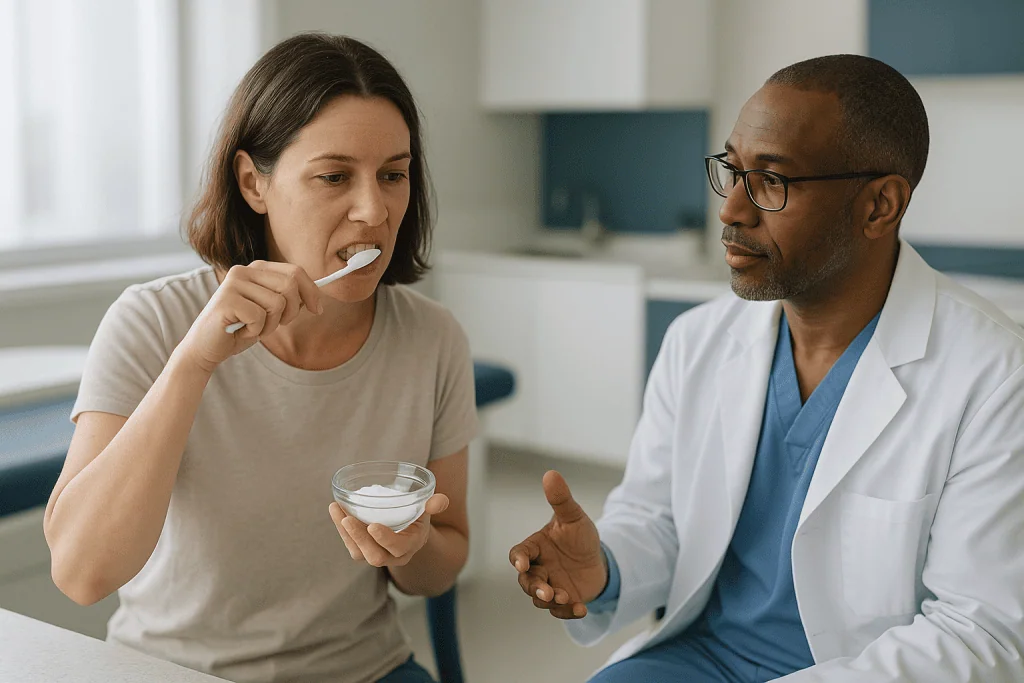 Dentist consulting patient about dental treatment in clinic: Does baking soda whiten teeth?