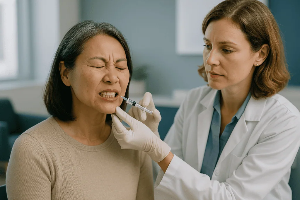 Patient receiving injection in mouth during dental procedure: Does Botox for bruxism actually work? What the evidence shows