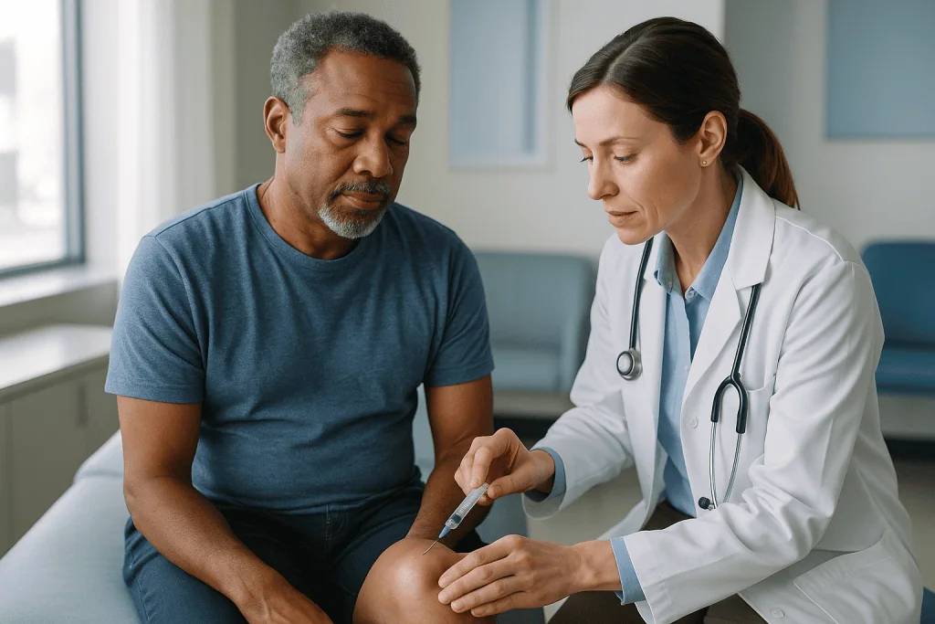 Doctor performing injection or aspiration on patient's knee: Does bursa aspiration hurt? What the needle actually feels like