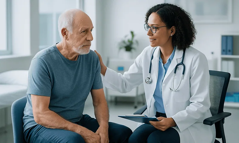 Doctor consulting with an elderly male patient in a modern clinic setting.