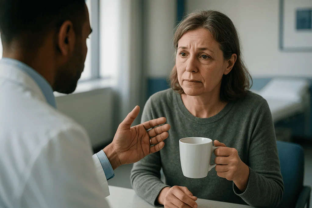 Two people having a casual conversation with coffee: Does caffeine cause teeth grinding? What caffeine and teeth grinding ha