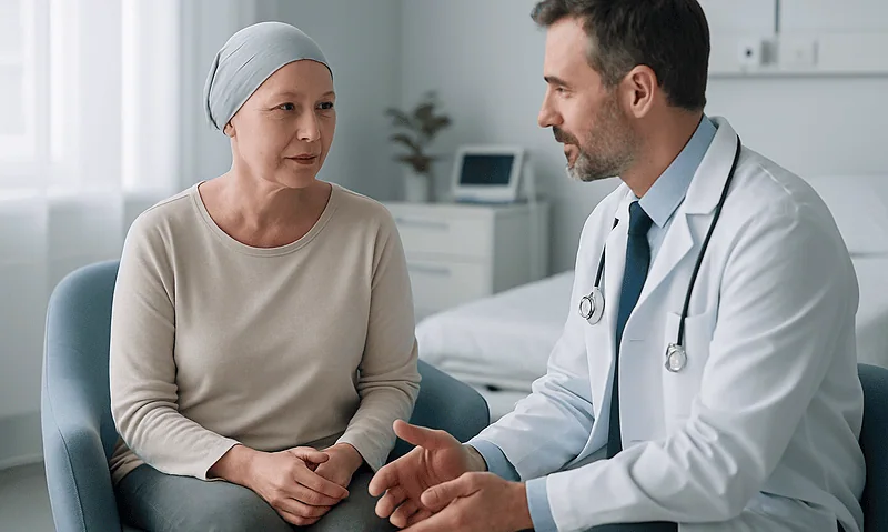 Doctor consulting with a female patient in a hospital room.