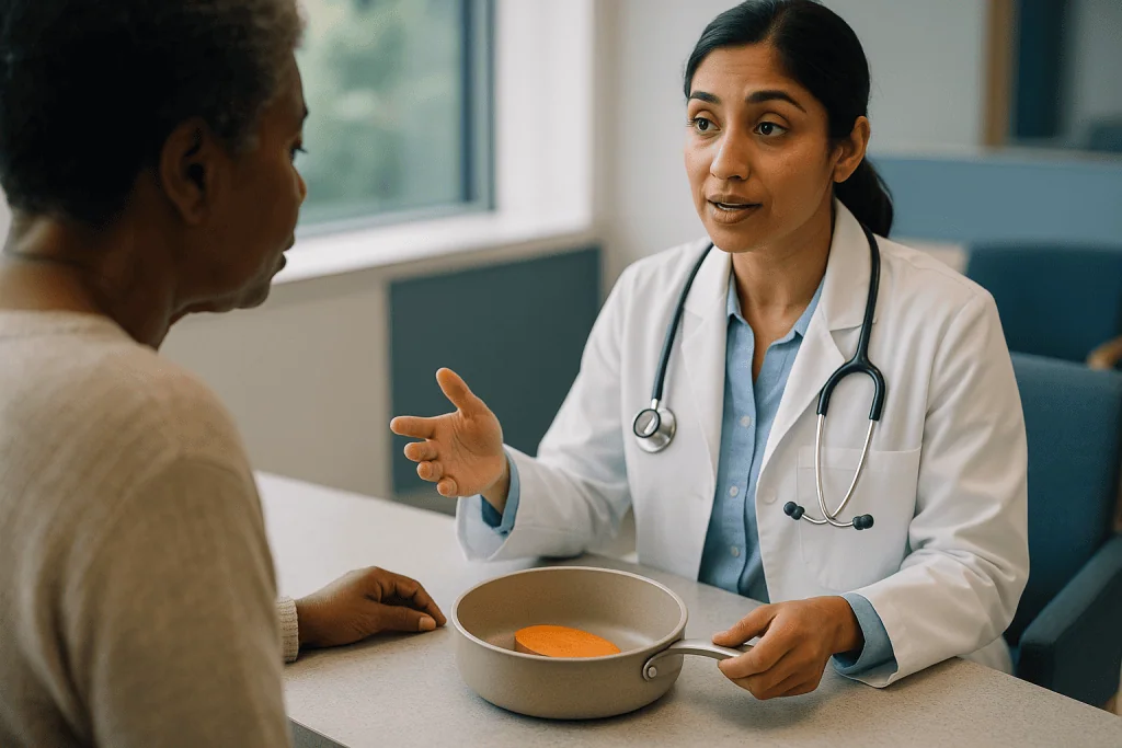 Doctor consulting patient with bowl containing carrot — Does cooking method change the calorie count?