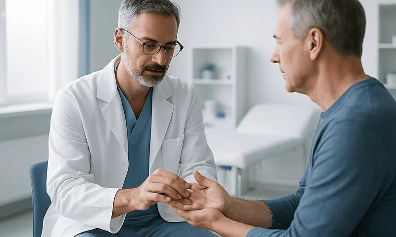 Doctor examining patient's hand in a medical consultation room.