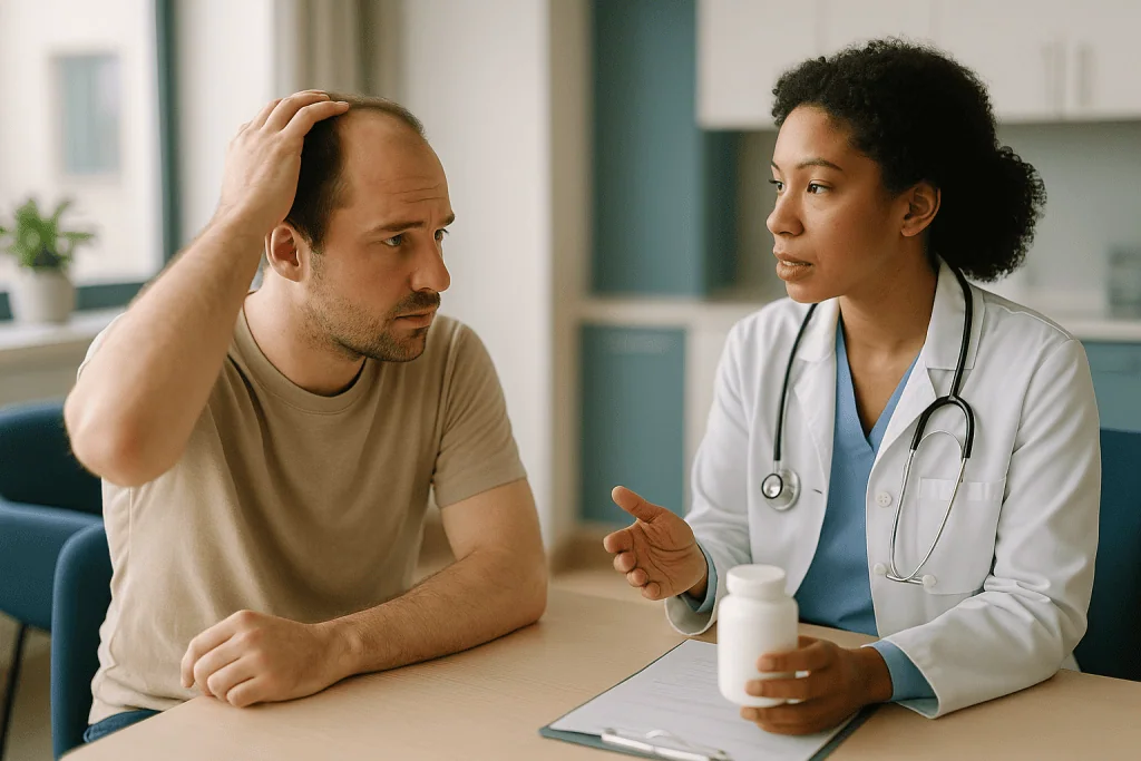 Doctor consulting male patient about health concern: Does creatine cause hair loss? The short, honest answer