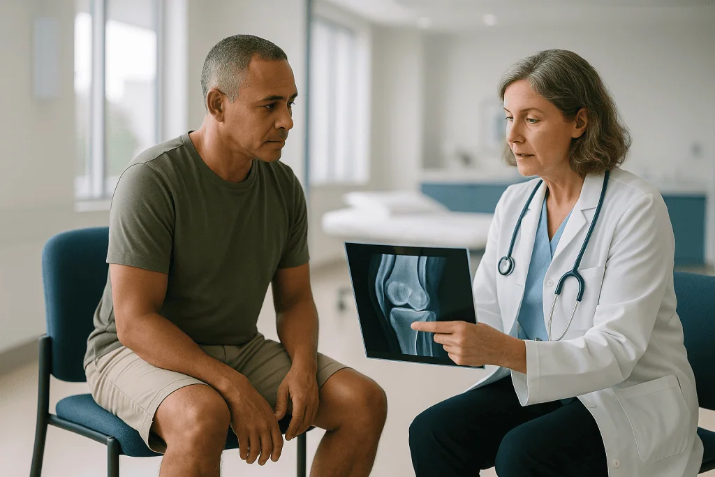 Doctor reviewing X-ray with adult male patient: Does defect size decide which cartilage procedure fits?