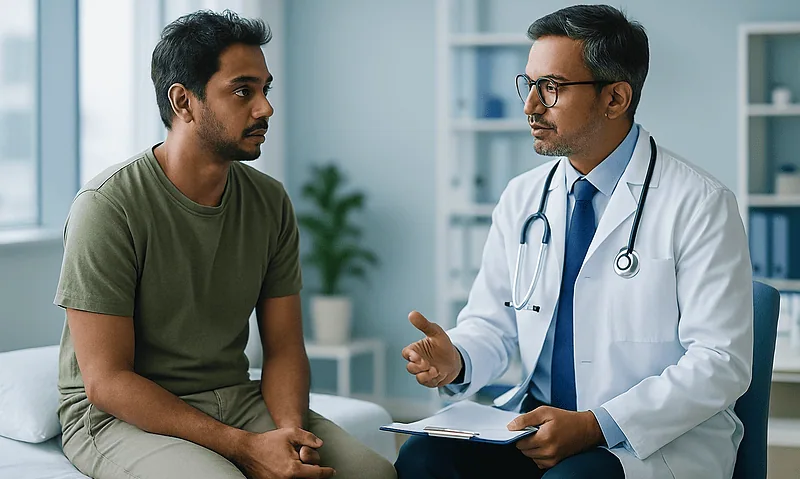 Doctor consulting with a patient in a hospital room.