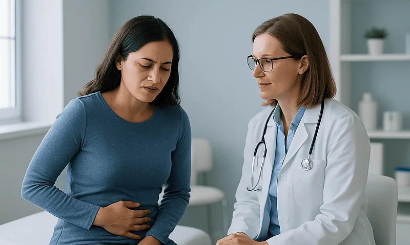 Doctor consulting with a woman experiencing abdominal pain in a medical office.