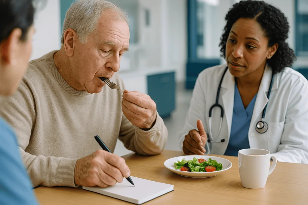 Elderly patient eating with doctor observing during consultation: Does essential tremor affect handwriting, and what actuall