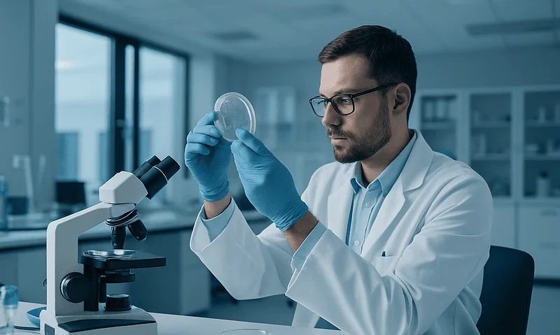 Researcher examining a petri dish in a laboratory setting at Acibadem Hospitals.