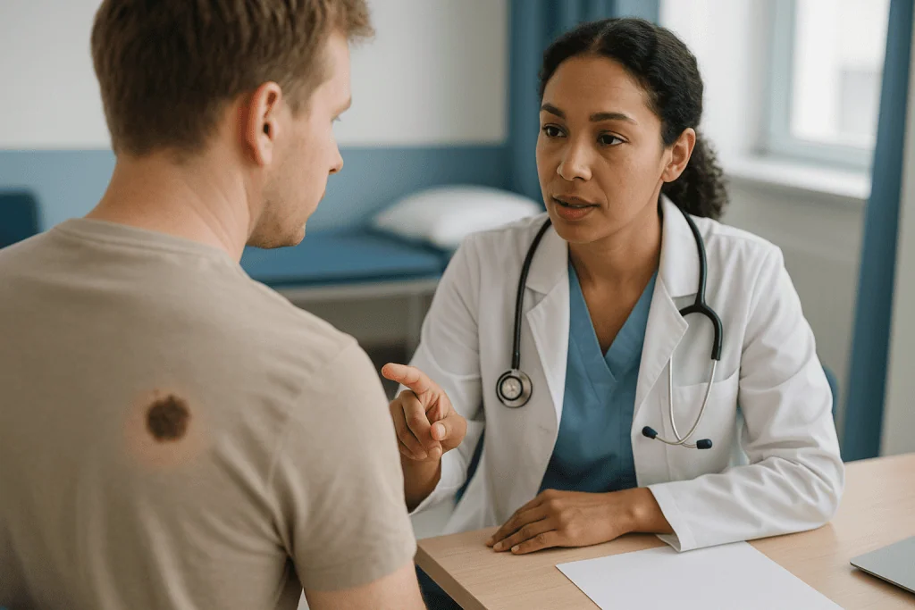 Doctor consulting with male patient in clinic: Does every congenital nevus need removal surgery?