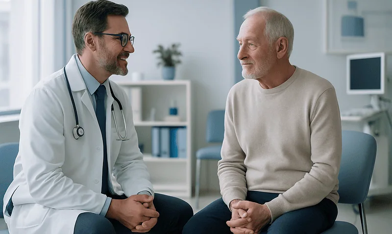 Doctor consulting with an elderly patient in a medical office.