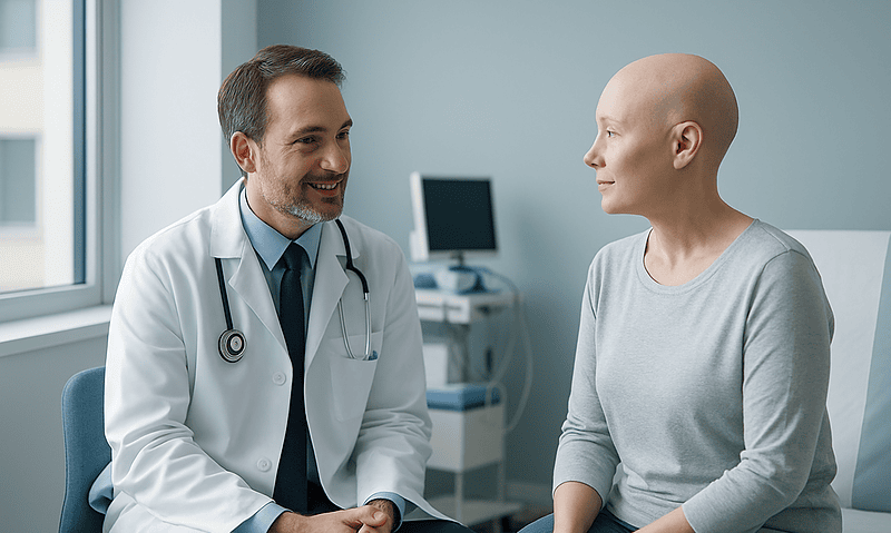 Doctor consulting with a patient in a hospital room.