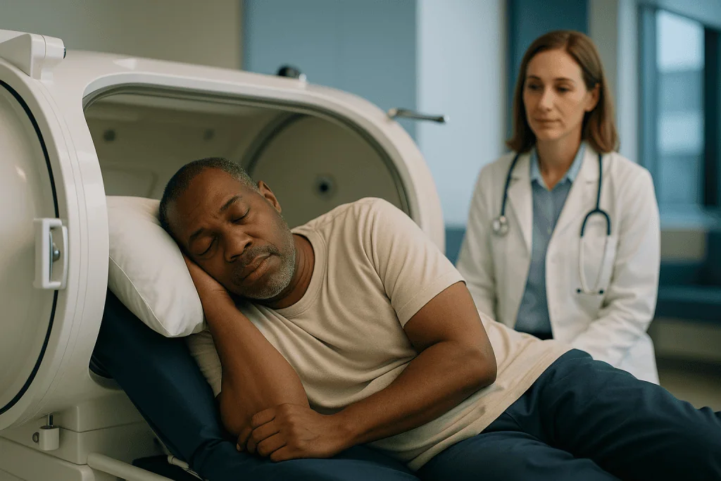 Patient undergoing hyperbaric oxygen therapy with physician observing — Does HBOT make you tired? What the evidence actually 