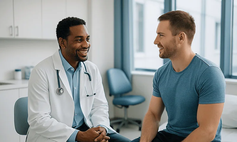 Doctor consulting with a male patient in a modern clinic setting.