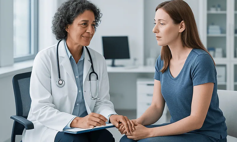 Doctor consulting with a young female patient in a medical office.