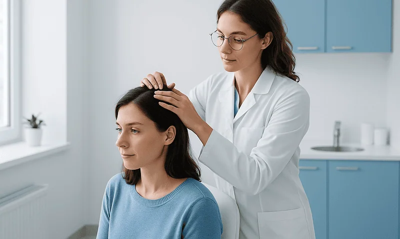 Doctor examining patient's scalp in a medical consultation room.