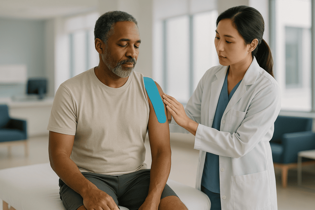 Healthcare provider applying kinesiology tape to patient shoulder, Does kinesiology tape work, and how could a strip of cot