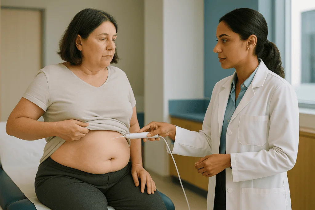 Doctor measuring patient's abdominal circumference with tape: Does laser lipo work for belly fat specifically?