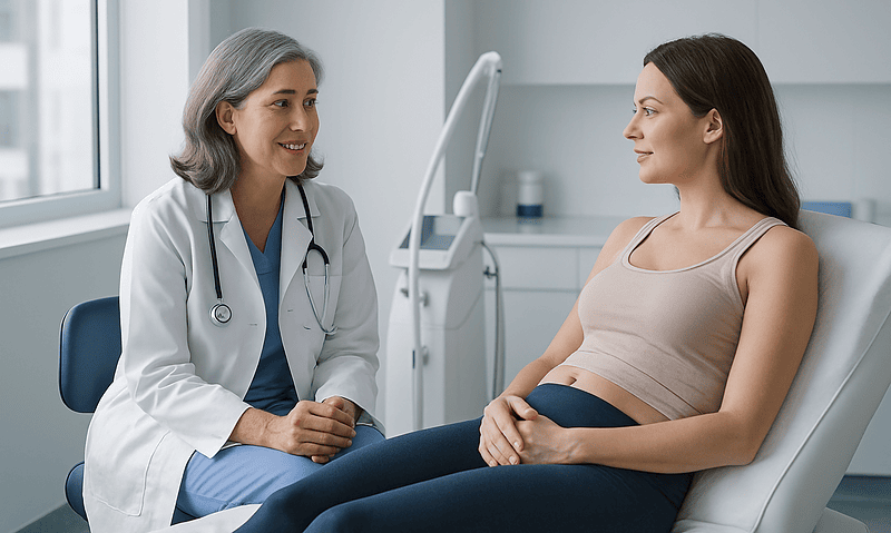 Doctor consulting with a pregnant woman in a hospital room.