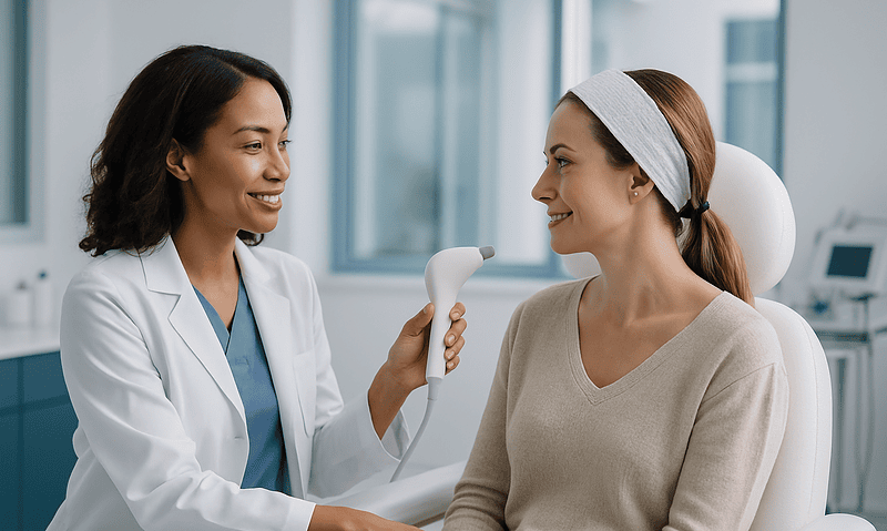 Medical professional explains laser resurfacing procedure to patient in clinic.