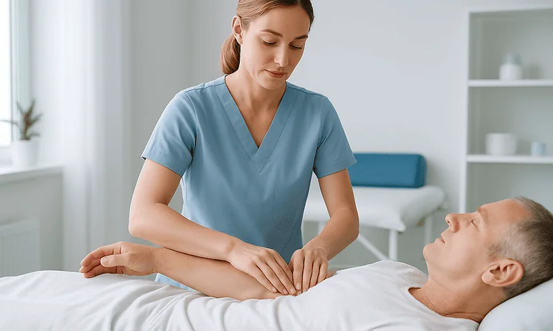 Nurse performing a blood test on a patient in a hospital room.