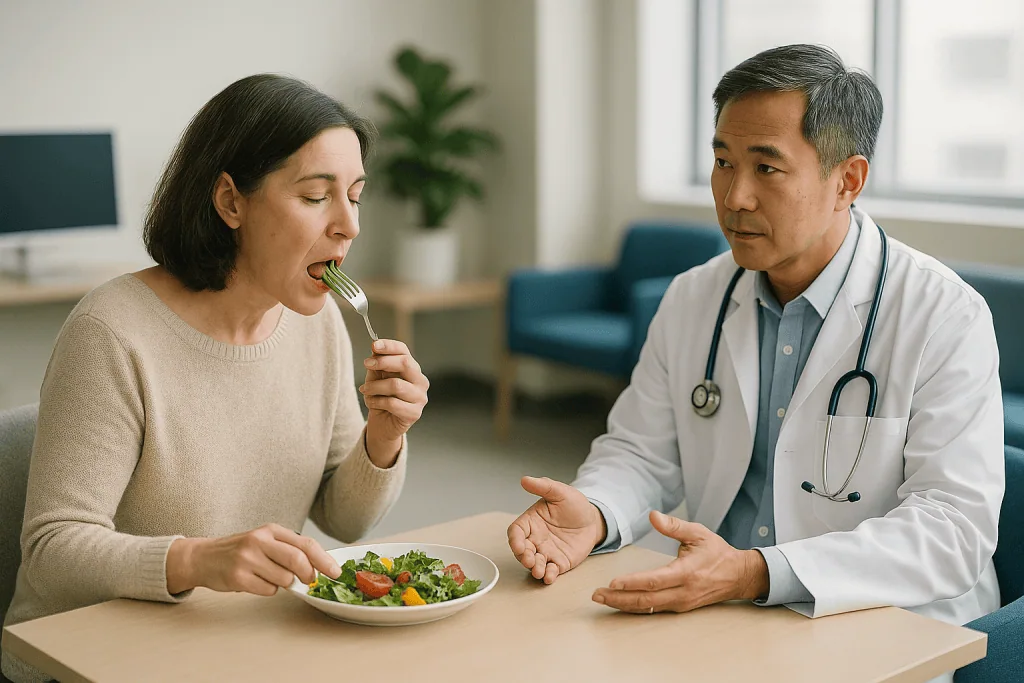 Doctor consulting patient about healthy eating and diet: Does meal timing matter for acid reflux?