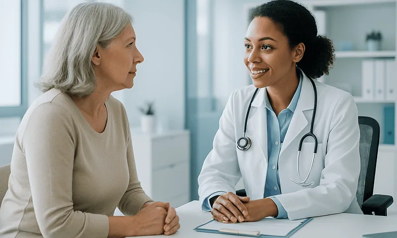 Doctor consulting with a middle-aged woman in a medical office.