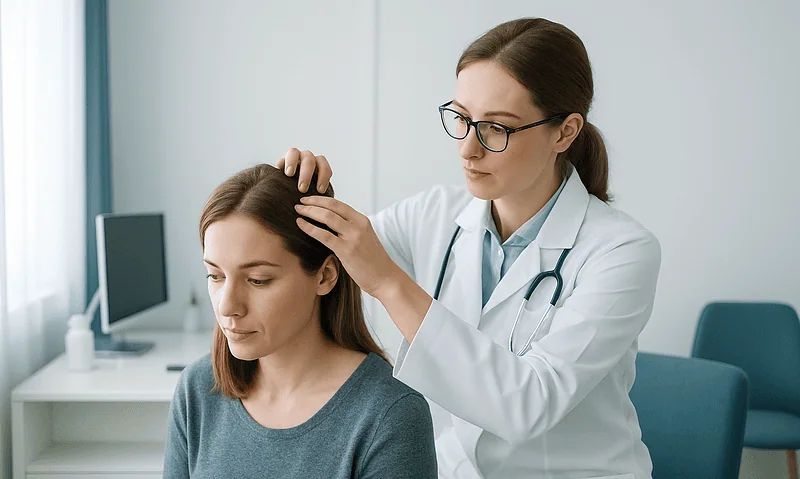 Doctor examining patient's scalp in a clinical setting.