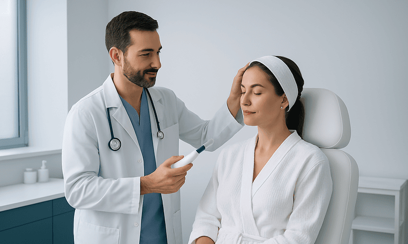 Doctor examining woman's face during a skincare consultation at a clinic.
