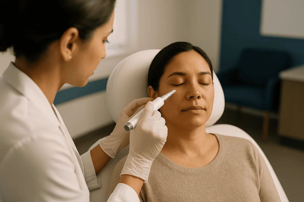 Dermatologist performing microneedling treatment on patient face — Does microneedling hurt? What the sensation is really like