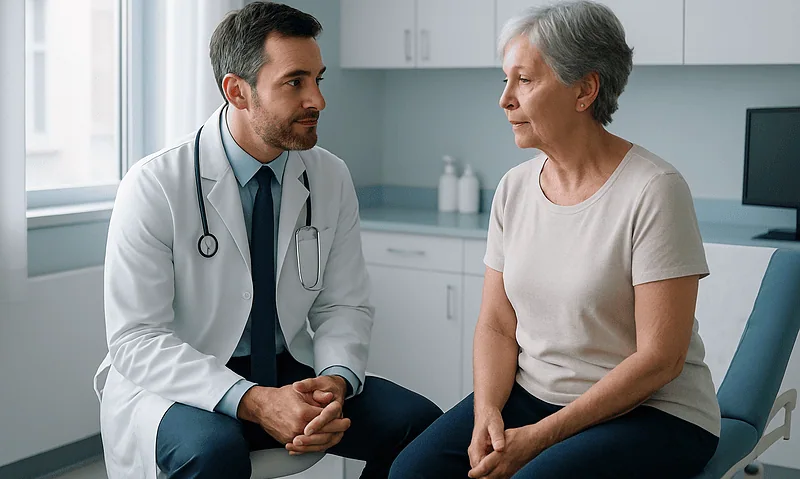 Doctor consulting with an elderly female patient in a modern hospital room.