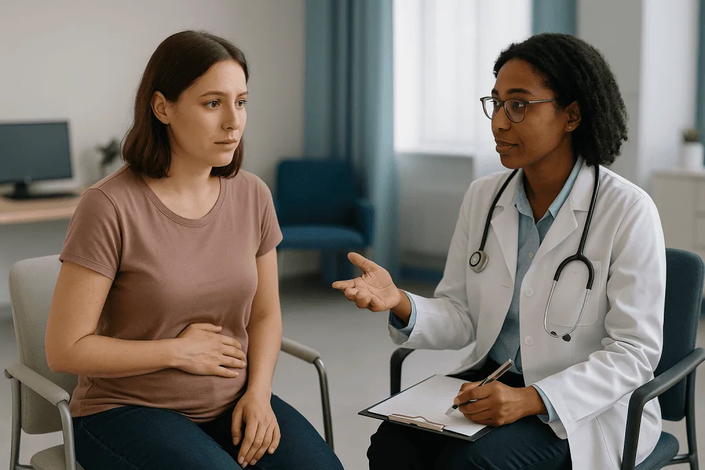 Doctor consulting with pregnant patient in clinical setting: Does MS make it harder to conceive?