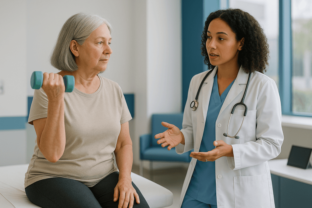Senior woman with dumbbell consulting female physician indoors: Does Ozempic cause bone loss, or does the weight loss?