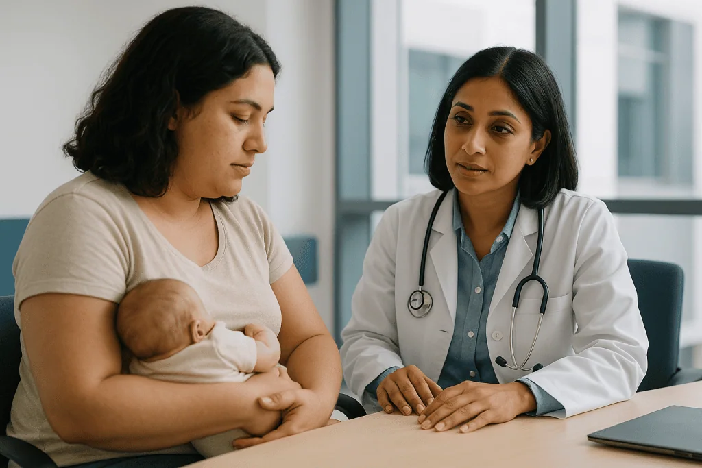 Doctor consulting with mother holding newborn baby: Does PCOS always affect fertility?