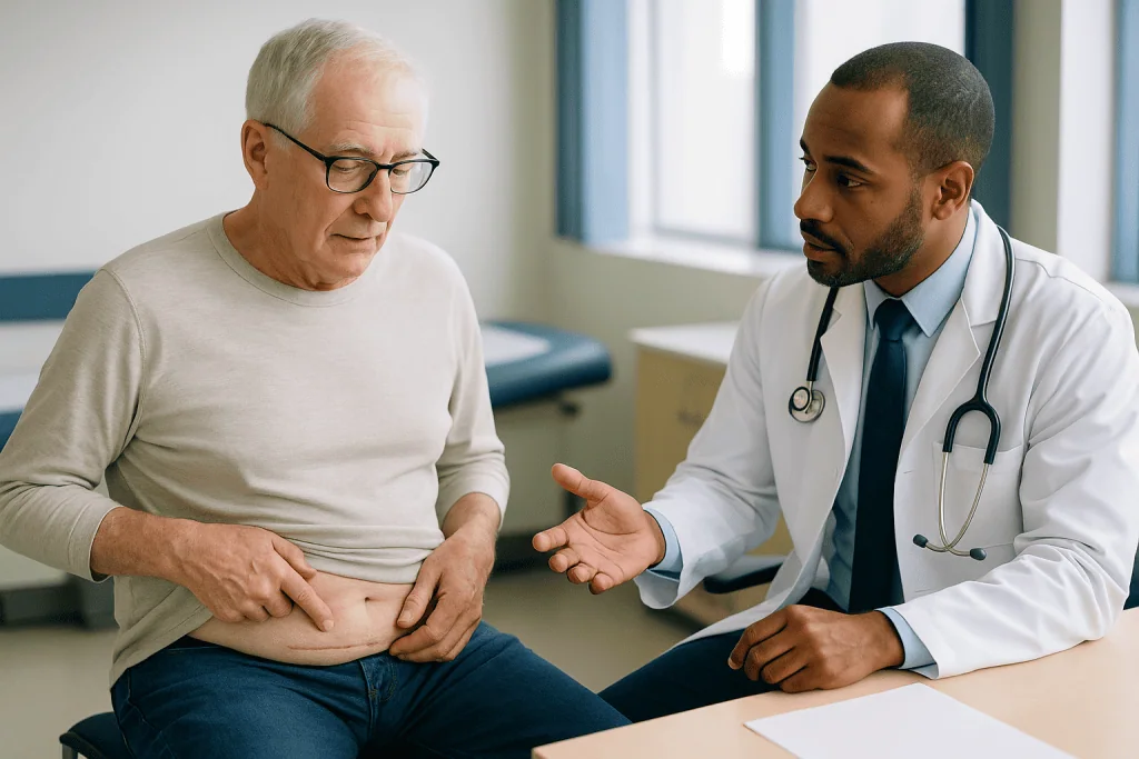 Doctor consulting elderly male patient about abdominal symptoms: Does prior surgery rule out robotic urology?