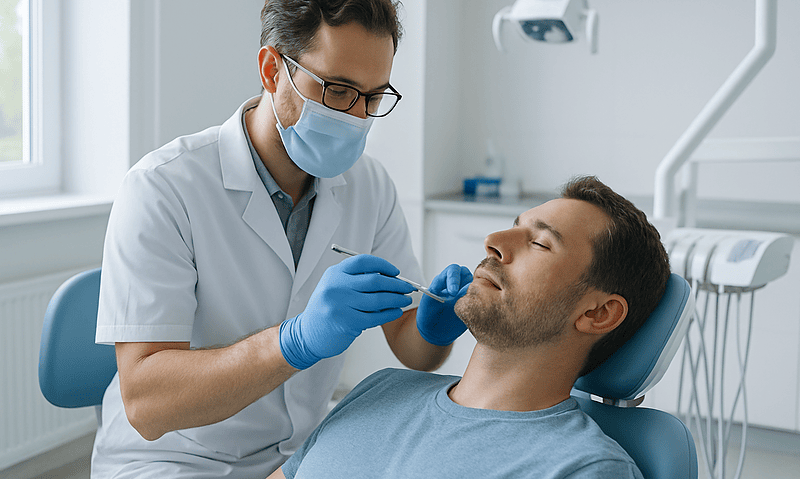 Dentist performing teeth whitening procedure on patient in dental clinic.