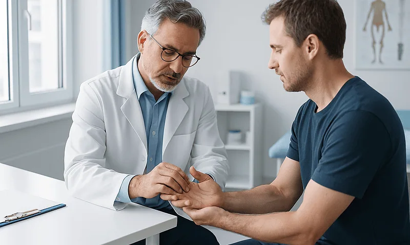 Doctor examining patient's hand for joint stiffness or pain.