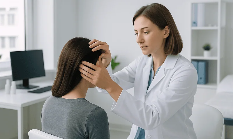 Doctor examining patient's scalp in a medical consultation room.