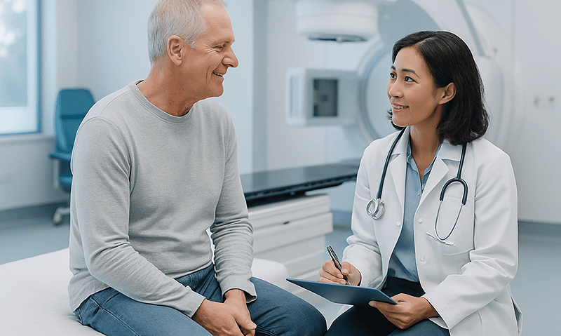 Doctor consulting with an elderly patient in a modern hospital room.